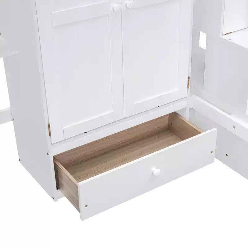 Letto a soppalco singolo Espresso/Grigio/Bianco con scale, scrivania, armadio e libreria, per 1 persona