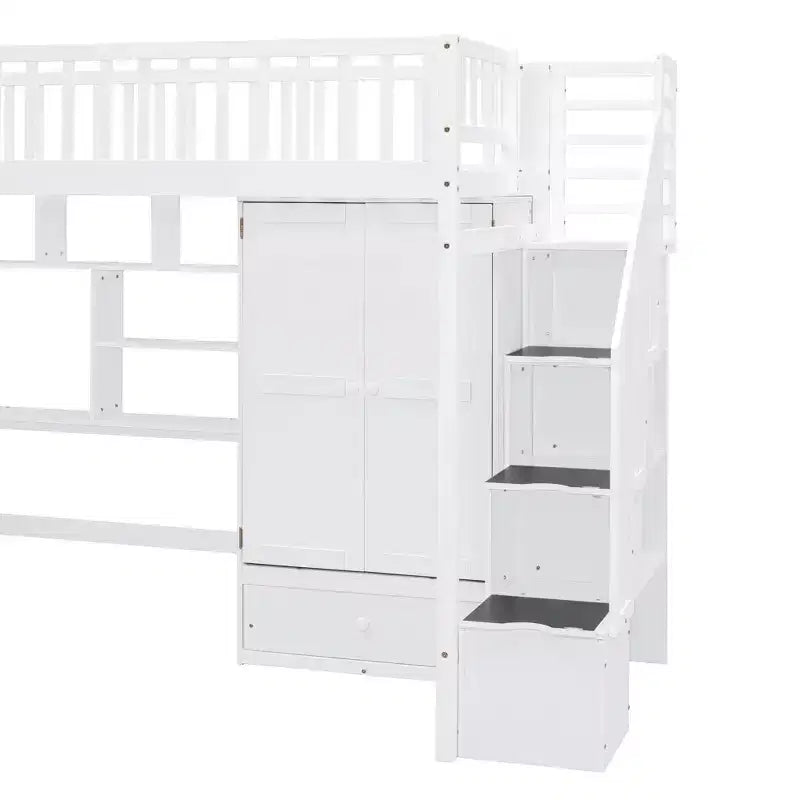 Letto a soppalco singolo Espresso/Grigio/Bianco con scale, scrivania, armadio e libreria, per 1 persona