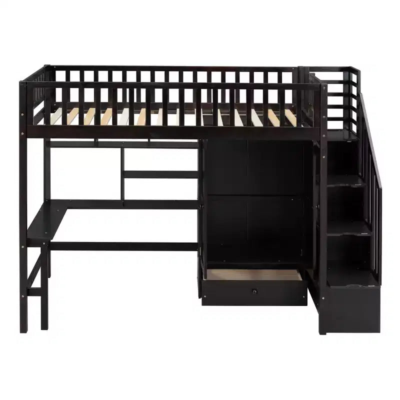 Letto a soppalco singolo Espresso/Grigio/Bianco con scale, scrivania, armadio e libreria, per 1 persona