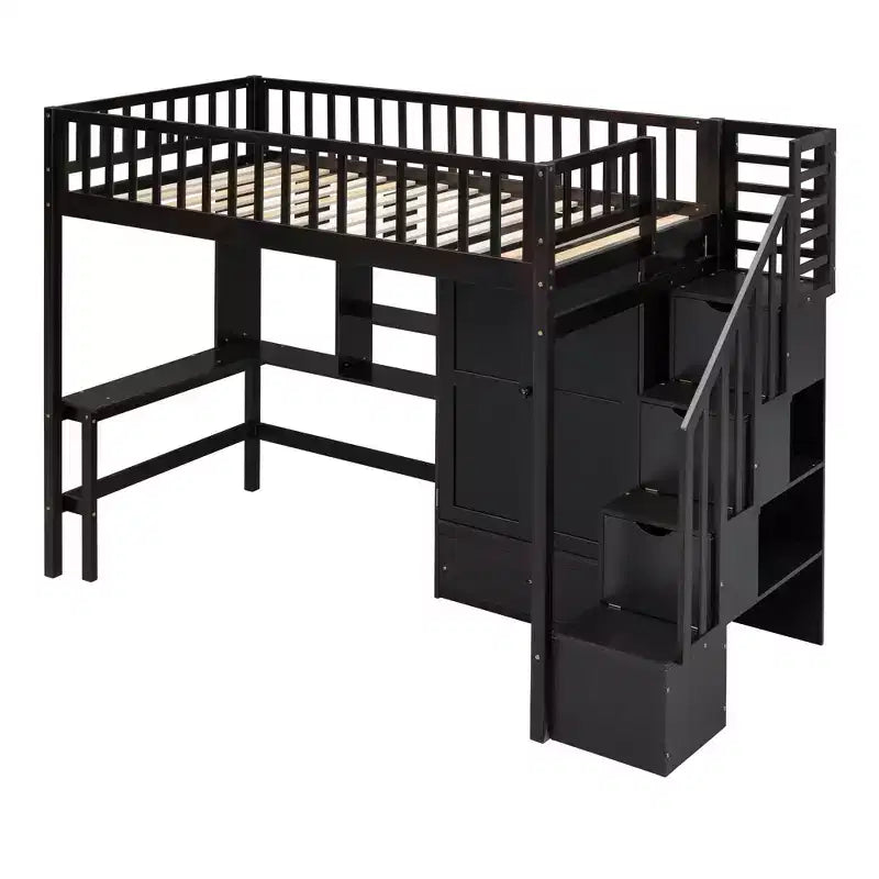 Letto a soppalco singolo Espresso/Grigio/Bianco con scale, scrivania, armadio e libreria, per 1 persona