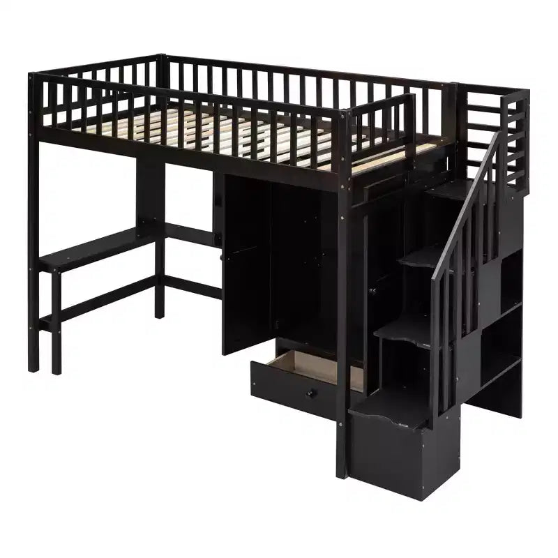 Letto a soppalco singolo Espresso/Grigio/Bianco con scale, scrivania, armadio e libreria, per 1 persona