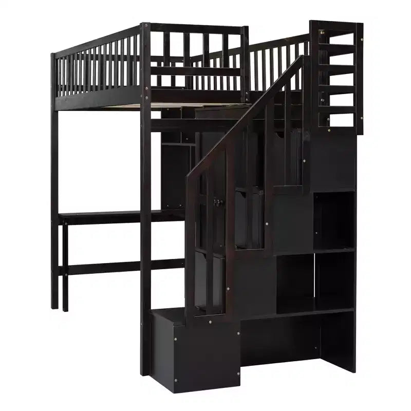 Letto a soppalco singolo Espresso/Grigio/Bianco con scale, scrivania, armadio e libreria, per 1 persona