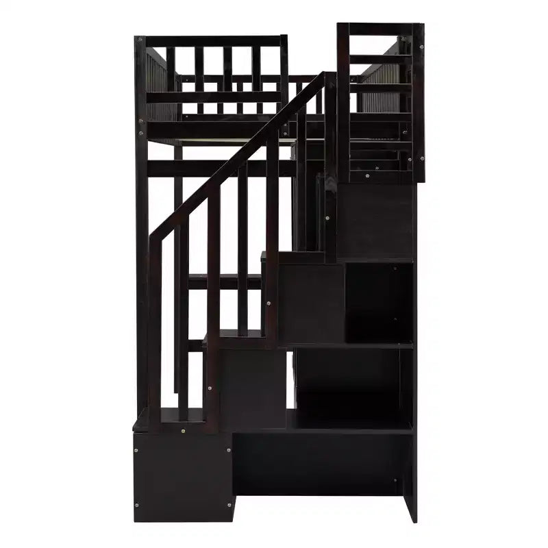 Letto a soppalco singolo Espresso/Grigio/Bianco con scale, scrivania, armadio e libreria, per 1 persona
