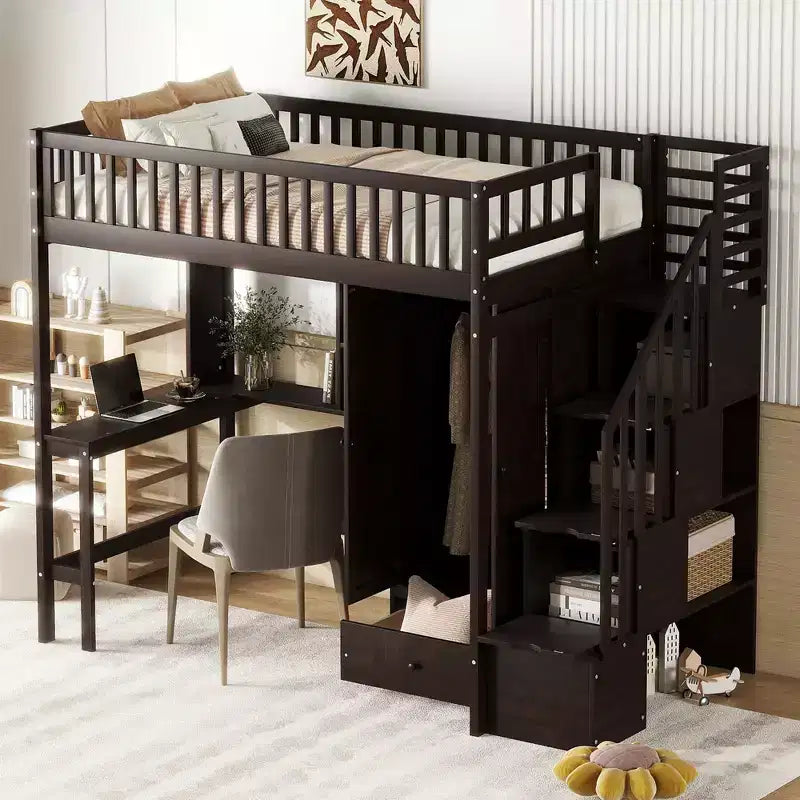 Twin Size Loft Bed with Storage Stairs and Desk, Wooden High Loftbed Frame with Wardrobe Drawers and Bookshelf