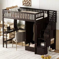 Twin Size Loft Bed with Storage Stairs and Desk, Wooden High Loftbed Frame with Wardrobe Drawers and Bookshelf