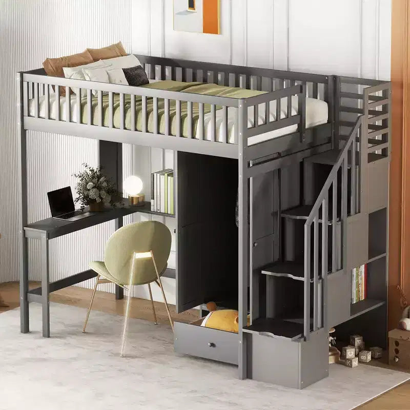 Letto a soppalco singolo Espresso/Grigio/Bianco con scale, scrivania, armadio e libreria, per 1 persona