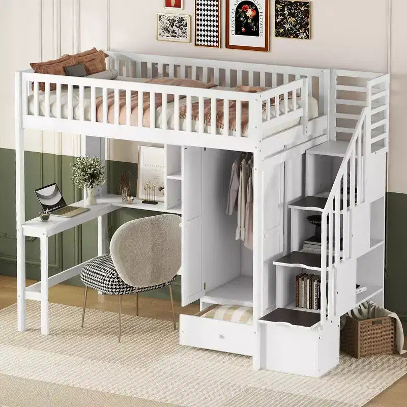 Letto a soppalco singolo Espresso/Grigio/Bianco con scale, scrivania, armadio e libreria, per 1 persona