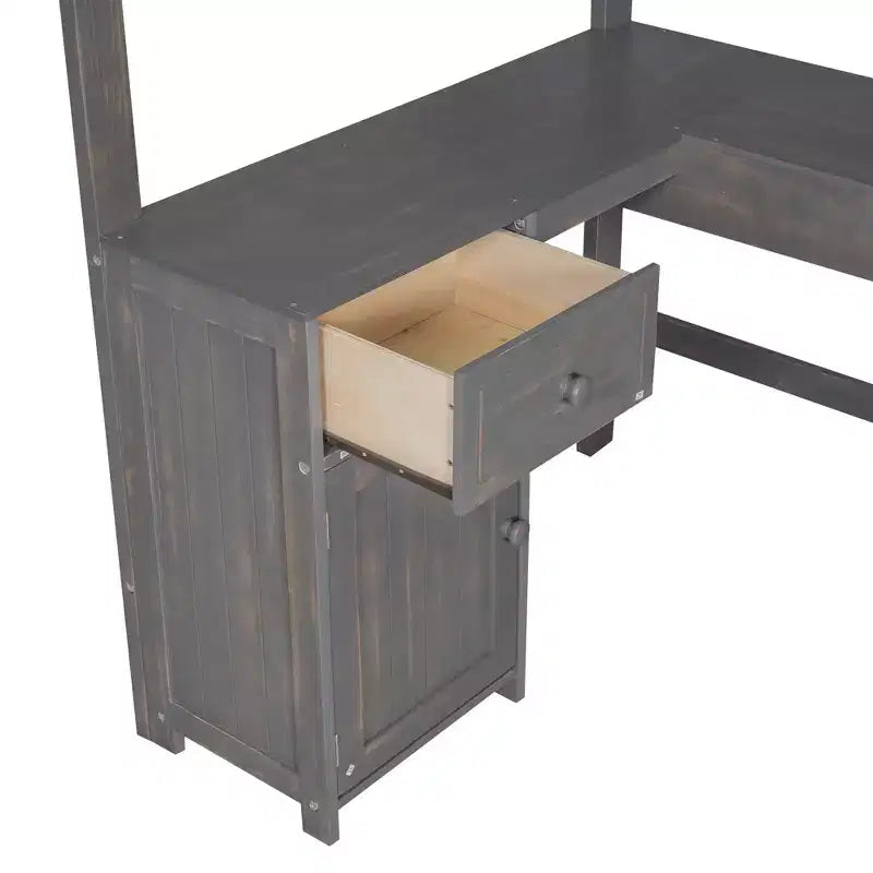 Letto a soppalco singolo/matrimoniale in marrone antico/bianco con scrivania, cassetti e scaffali – 1 persona