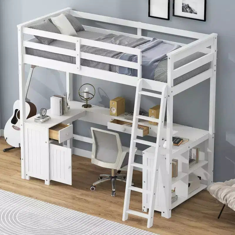 Letto a soppalco singolo/matrimoniale in marrone antico/bianco con scrivania, cassetti e scaffali – 1 persona