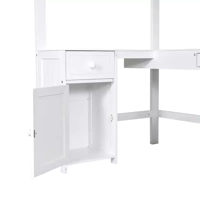 Letto a soppalco singolo/matrimoniale in marrone antico/bianco con scrivania, cassetti e scaffali – 1 persona