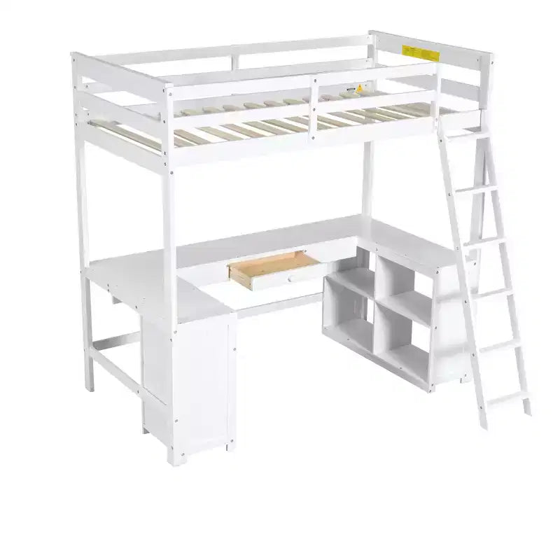 Letto a soppalco singolo/matrimoniale in marrone antico/bianco con scrivania, cassetti e scaffali – 1 persona