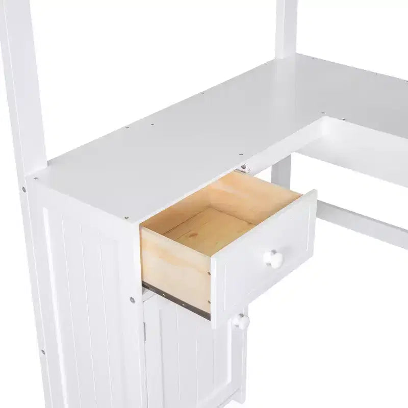 Letto a soppalco singolo/matrimoniale in marrone antico/bianco con scrivania, cassetti e scaffali – 1 persona