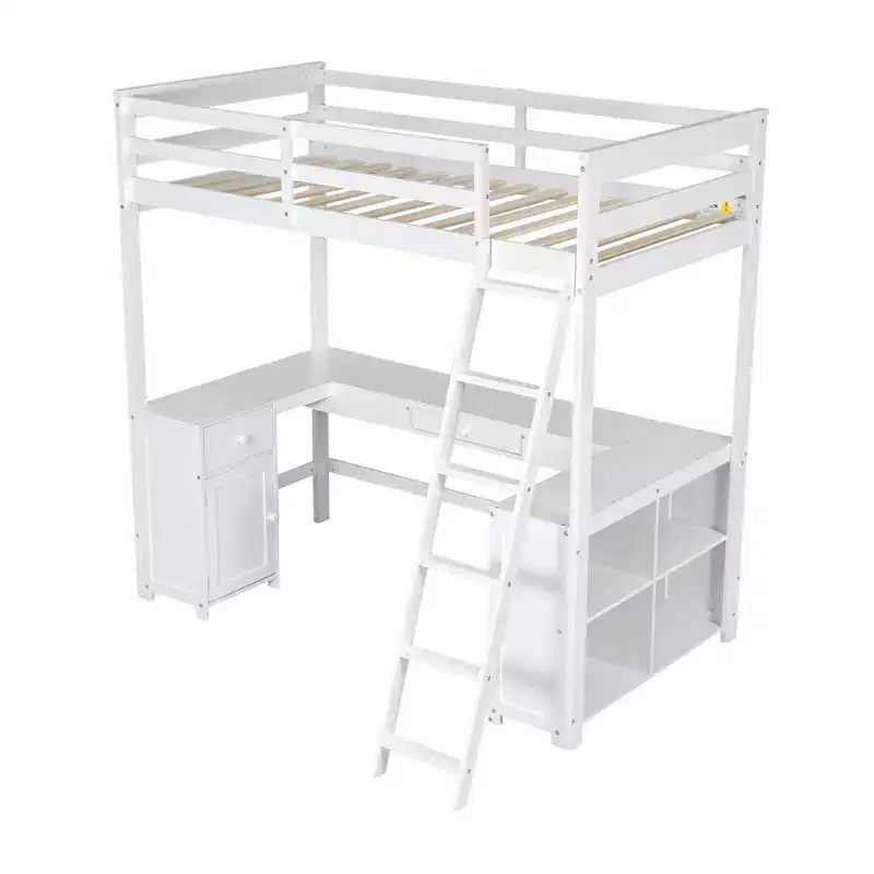 Letto a soppalco singolo/matrimoniale in marrone antico/bianco con scrivania, cassetti e scaffali – 1 persona