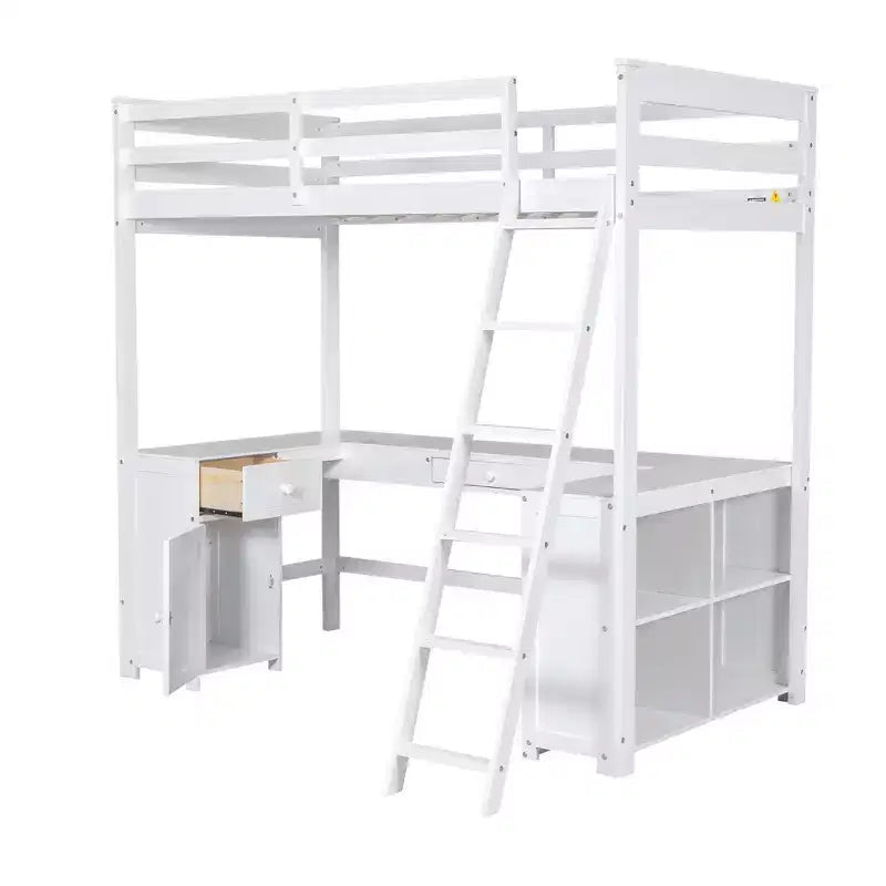 Letto a soppalco singolo/matrimoniale in marrone antico/bianco con scrivania, cassetti e scaffali – 1 persona