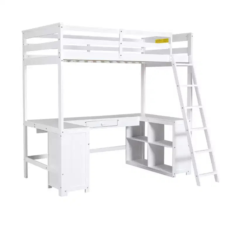 Letto a soppalco singolo/matrimoniale in marrone antico/bianco con scrivania, cassetti e scaffali – 1 persona