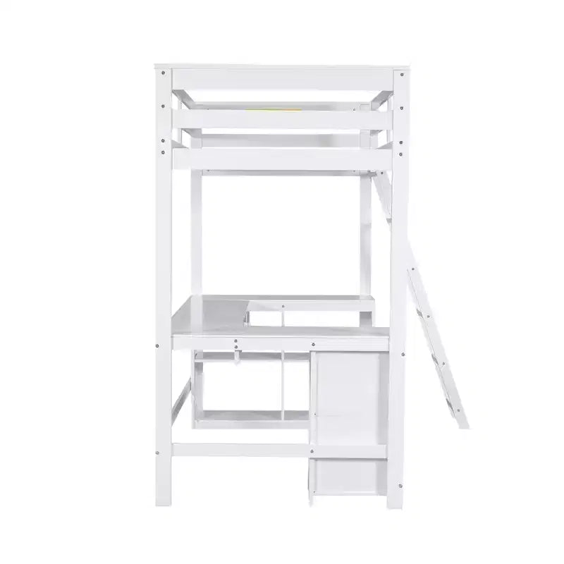 Letto a soppalco singolo/matrimoniale in marrone antico/bianco con scrivania, cassetti e scaffali – 1 persona
