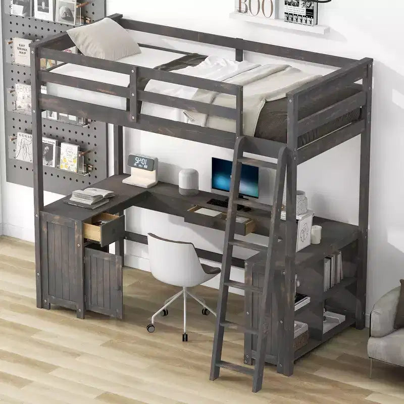 Letto a soppalco singolo/matrimoniale in marrone antico/bianco con scrivania, cassetti e scaffali – 1 persona
