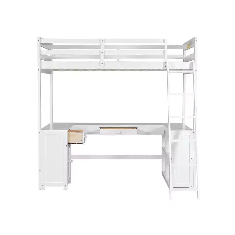 Letto a soppalco singolo/matrimoniale in marrone antico/bianco con scrivania, cassetti e scaffali – 1 persona