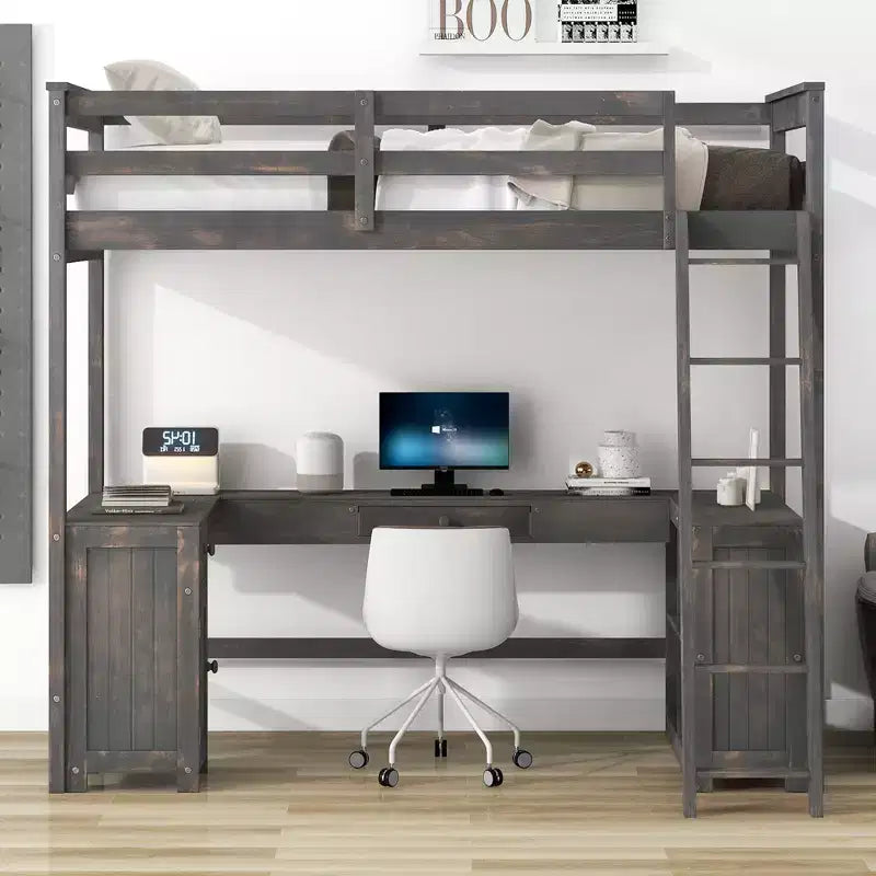Letto a soppalco singolo/matrimoniale in marrone antico/bianco con scrivania, cassetti e scaffali – 1 persona