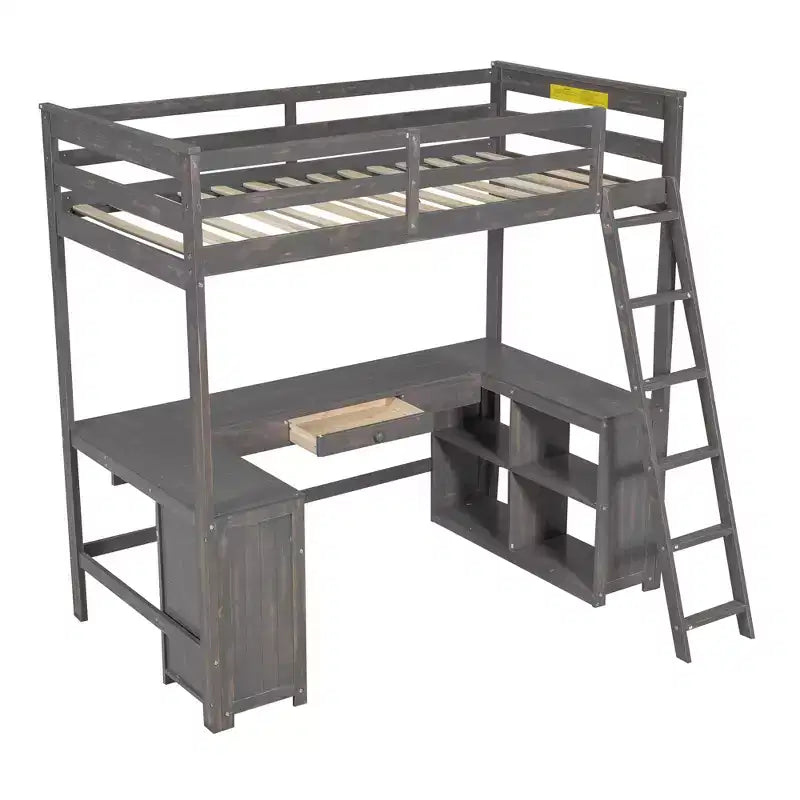 Letto a soppalco singolo/matrimoniale in marrone antico/bianco con scrivania, cassetti e scaffali – 1 persona