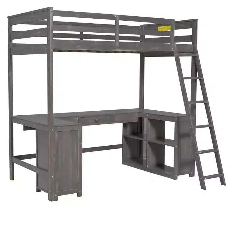 Letto a soppalco singolo/matrimoniale in marrone antico/bianco con scrivania, cassetti e scaffali – 1 persona
