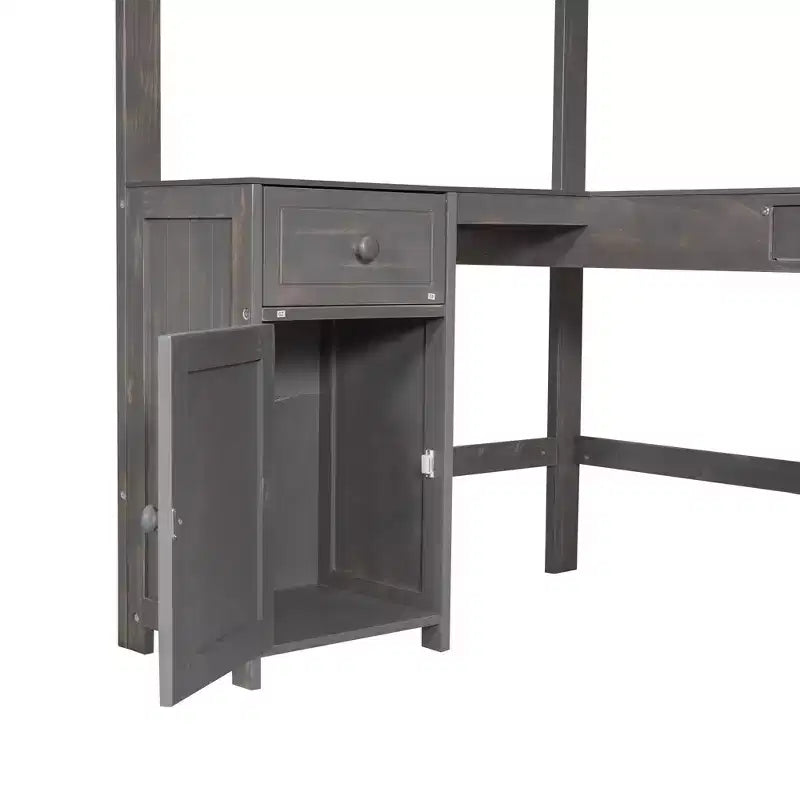Letto a soppalco singolo/matrimoniale in marrone antico/bianco con scrivania, cassetti e scaffali – 1 persona
