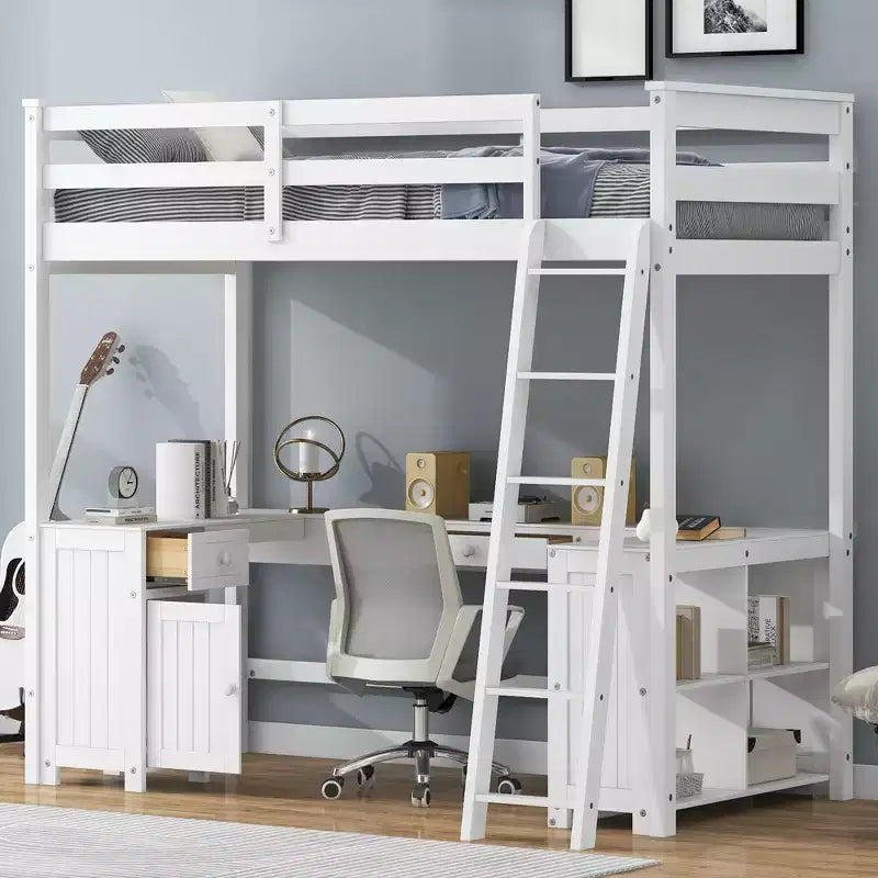 Letto a soppalco singolo/matrimoniale in marrone antico/bianco con scrivania, cassetti e scaffali – 1 persona