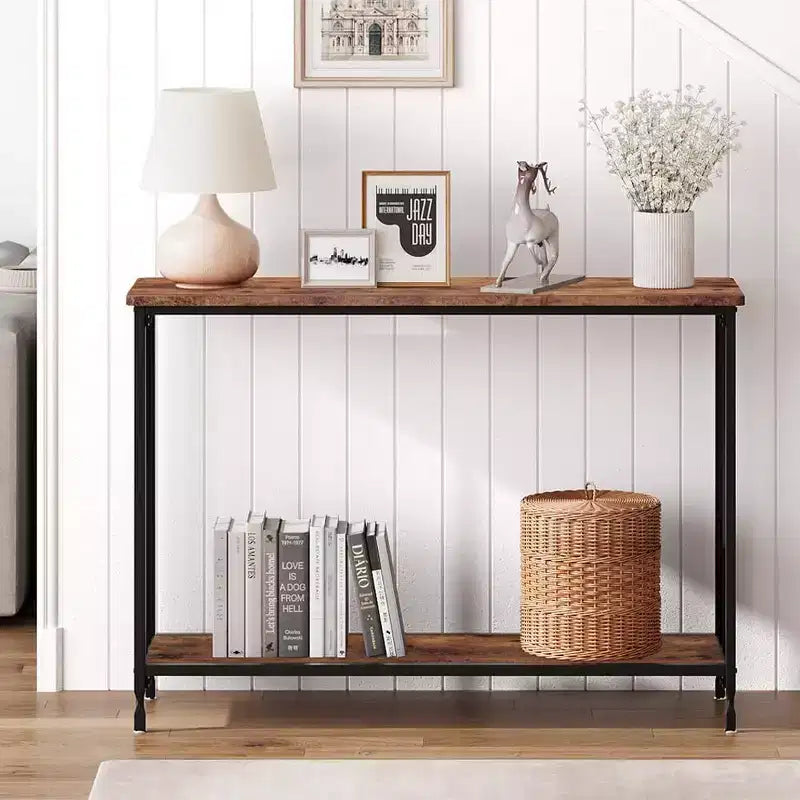 Tavolo consolle stretto grigio/vintage con ripiano in legno e struttura in metallo, 41.5"