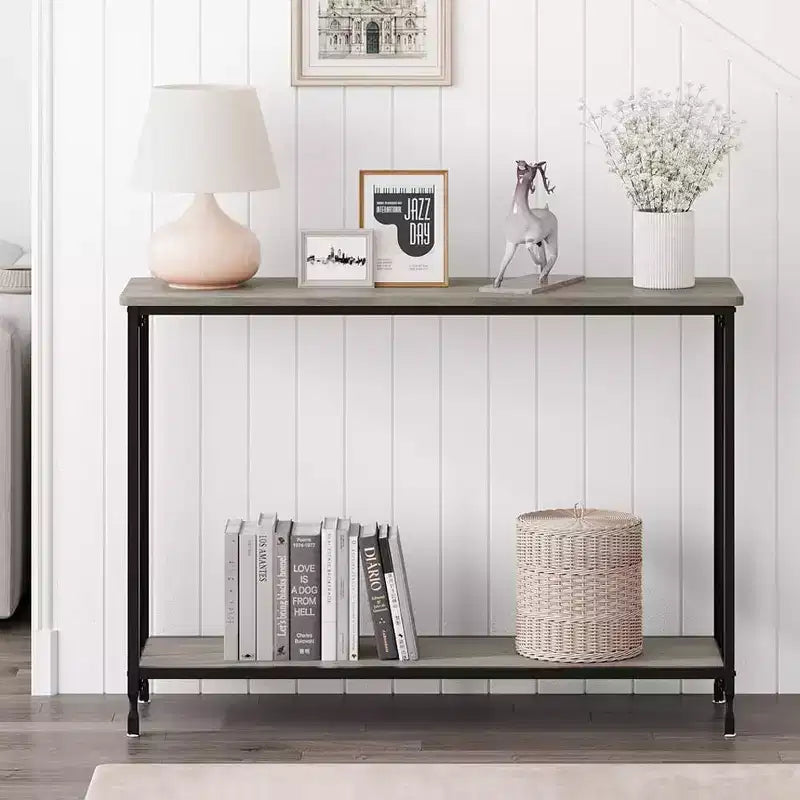 Tavolo consolle stretto grigio/vintage con ripiano in legno e struttura in metallo, 41.5"
