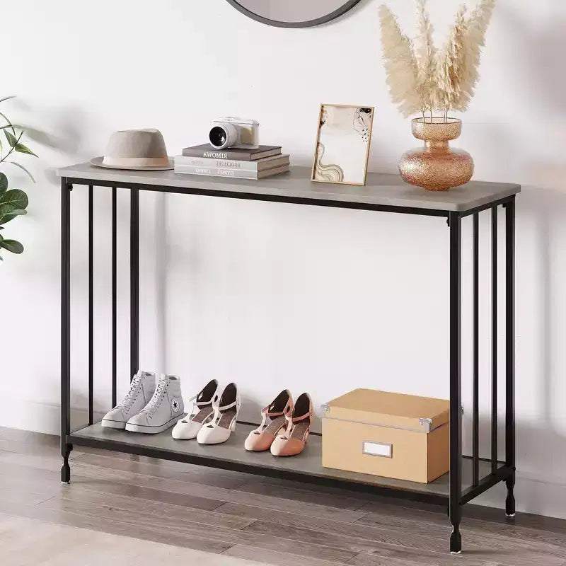 Tavolo consolle stretto grigio/vintage con ripiano in legno e struttura in metallo, 41.5"