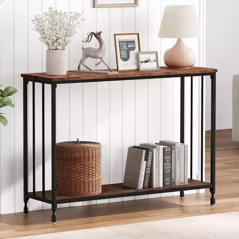 Tavolo consolle stretto grigio/vintage con ripiano in legno e struttura in metallo, 41.5"