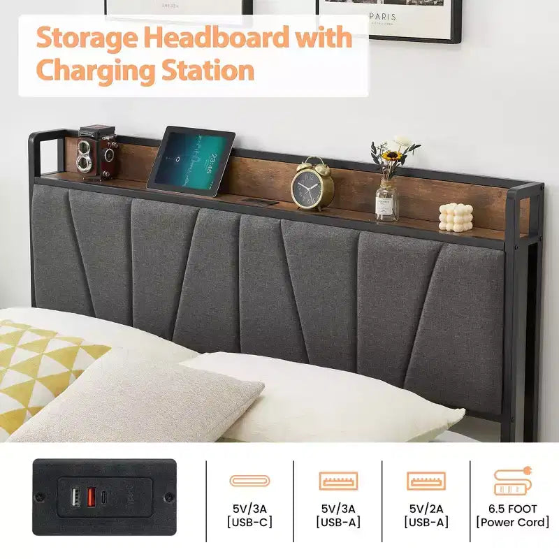 Letto a piattaforma in lino grigio con cassetti portaoggetti e ricarica USB, 1-2 persone