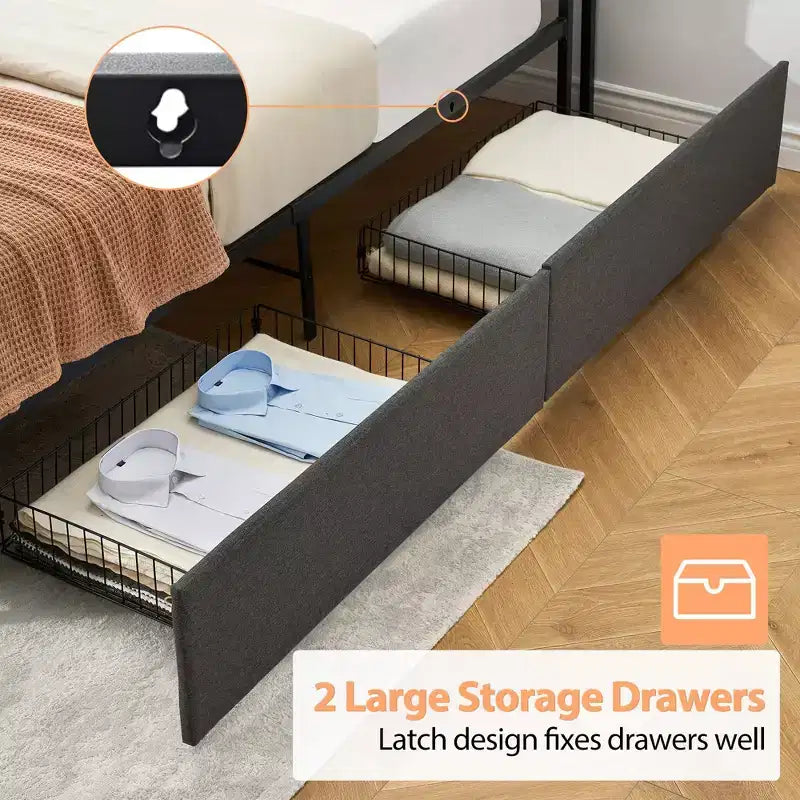Letto a piattaforma in lino grigio con cassetti portaoggetti e ricarica USB, 1-2 persone