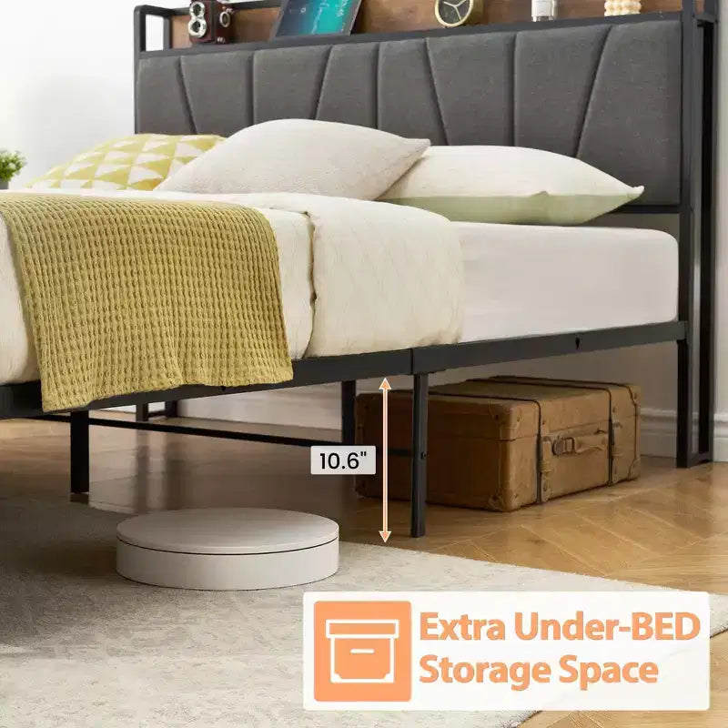 Letto a piattaforma in lino grigio con cassetti portaoggetti e ricarica USB, 1-2 persone
