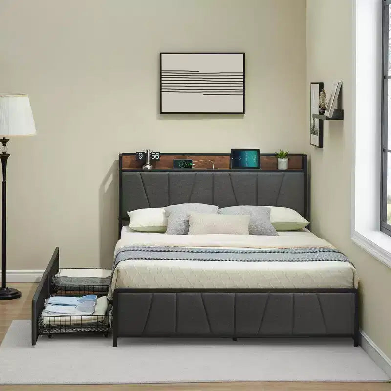Letto a piattaforma in lino grigio con cassetti portaoggetti e ricarica USB, 1-2 persone