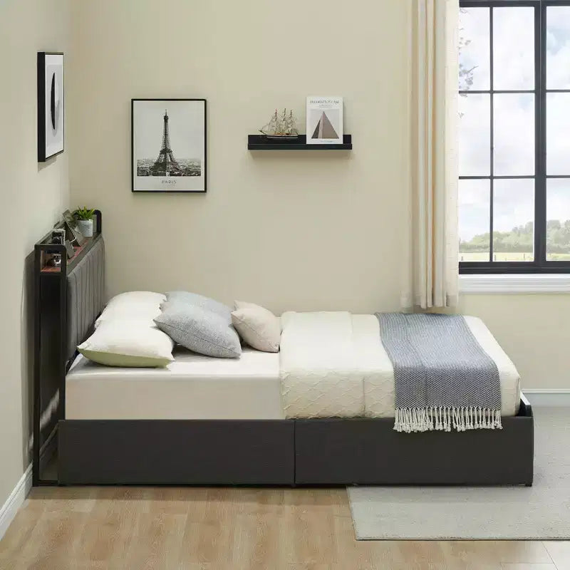 Letto a piattaforma in lino grigio con cassetti portaoggetti e ricarica USB, 1-2 persone