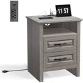 Amada Farmhouse Nightstand with Charging Station, 18.9 Inch Wide Bedside Table with 2 Drawers, USB, Rustic Farmhouse End Table for Bedroom, Gray