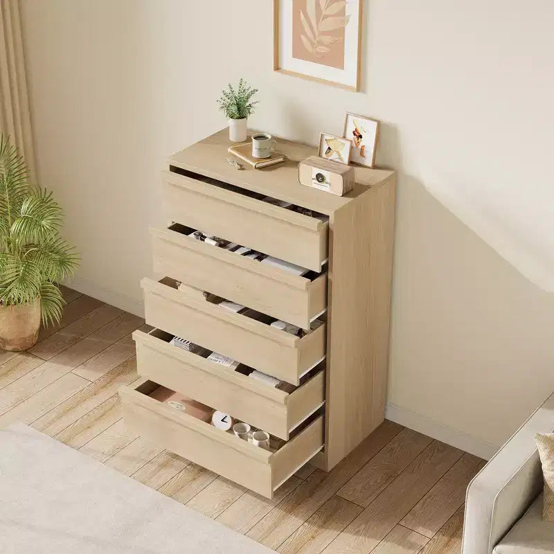 Comò a 5 cassetti in legno naturale, singolo