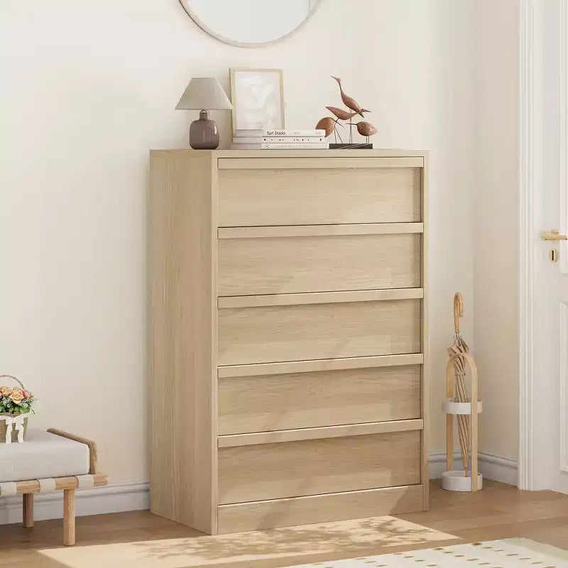 Comò a 5 cassetti in legno naturale, singolo