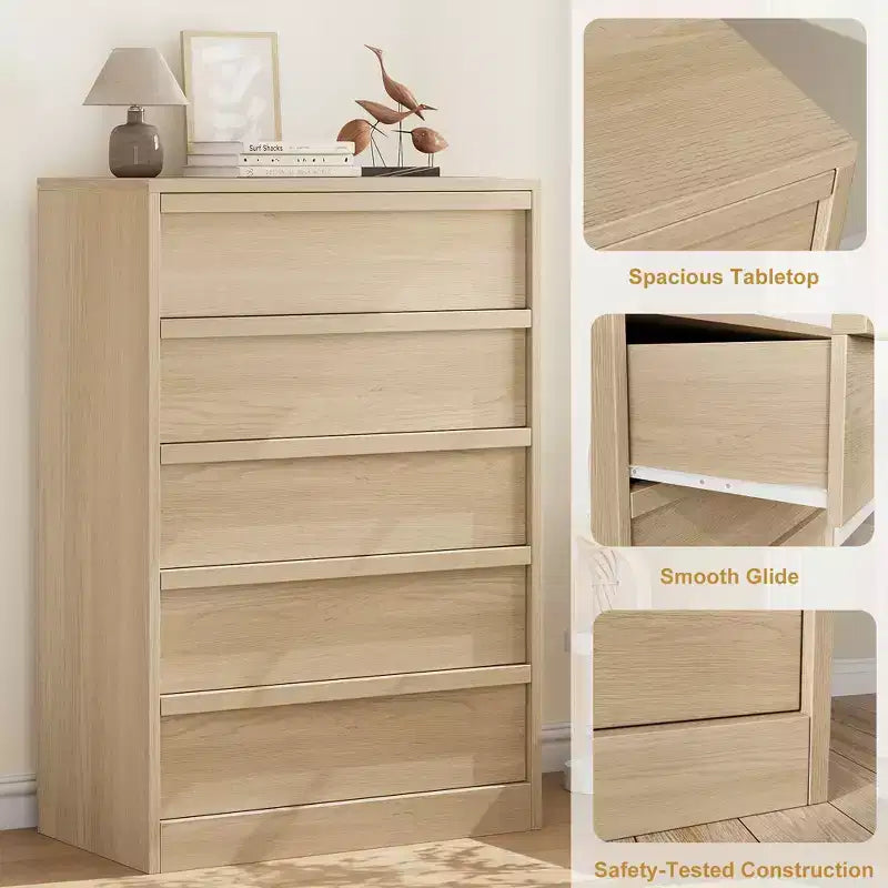Comò a 5 cassetti in legno naturale, singolo