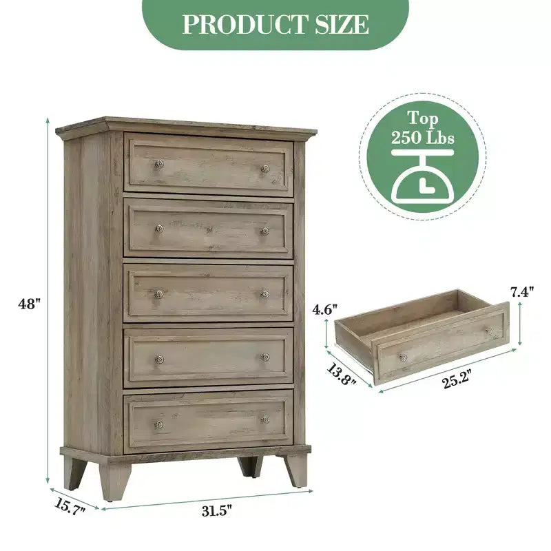 Cassettiera a 5 cassetti per camera da letto, cassettiera alta in legno da 48 pollici con cassetti profondi, organizer moderno per soggiorno, corridoio, ingresso
