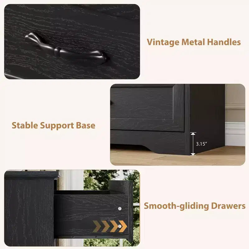 Cassettiera in legno nero/marrone a 6 cassetti con maniglie in metallo, stile rustico