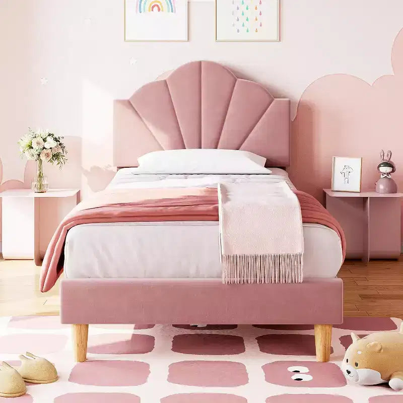 Struttura letto singolo in velluto blu/rosa per 1, testiera regolabile, stile piattaforma