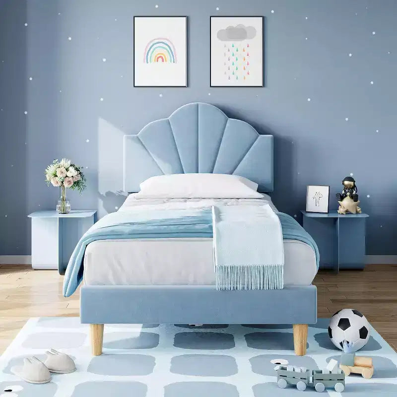Struttura letto singolo in velluto blu/rosa per 1, testiera regolabile, stile piattaforma