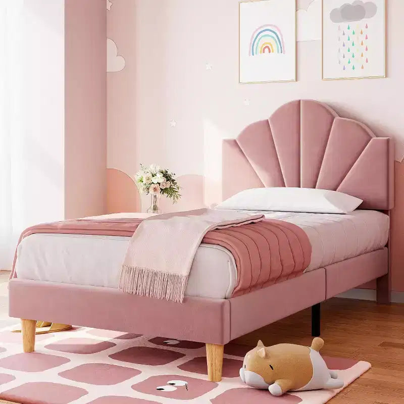 Struttura letto singolo in velluto blu/rosa per 1, testiera regolabile, stile piattaforma