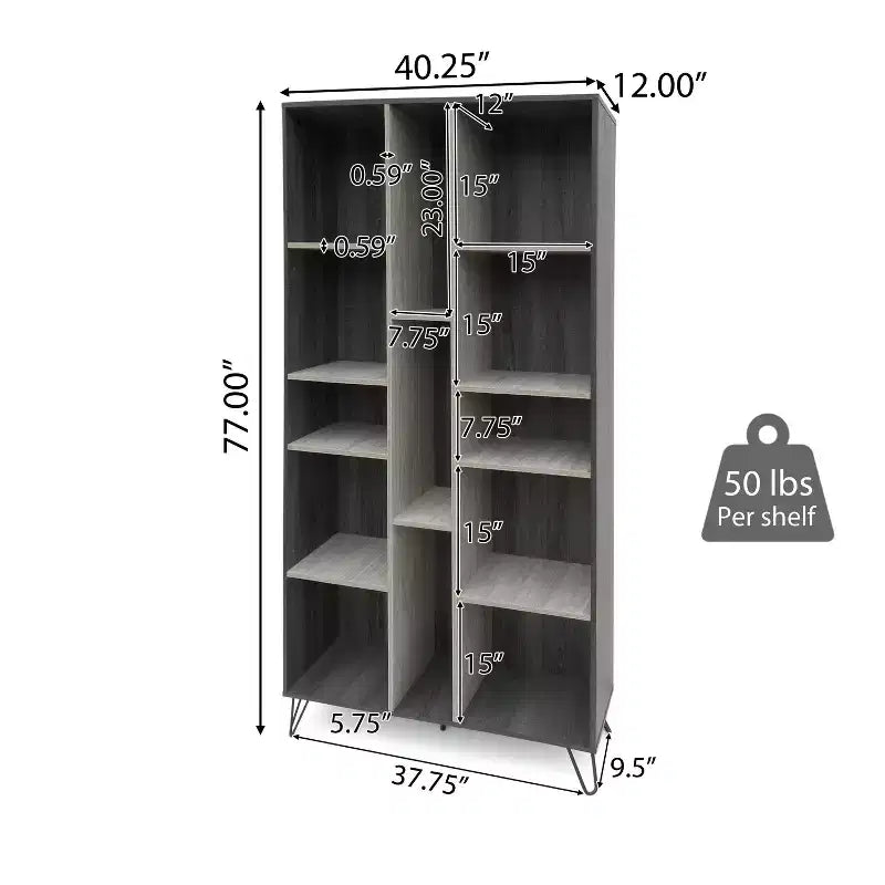 Libreria alta a 5 ripiani grigia con espositore a 13 fori, montaggio da 1 persona