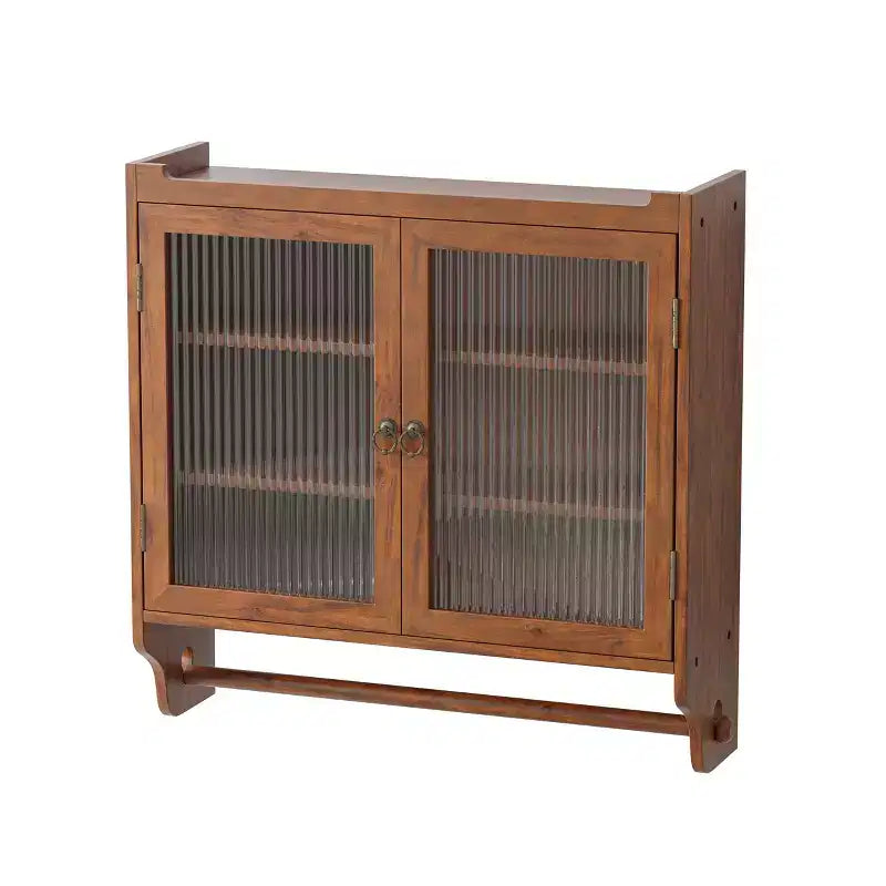 Mobiletto a 3 ripiani con doppia anta a muro, marrone/naturale/bianco, con vetro cannettato