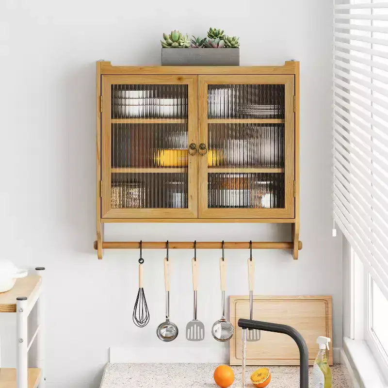 Mobiletto a 3 ripiani con doppia anta a muro, marrone/naturale/bianco, con vetro cannettato