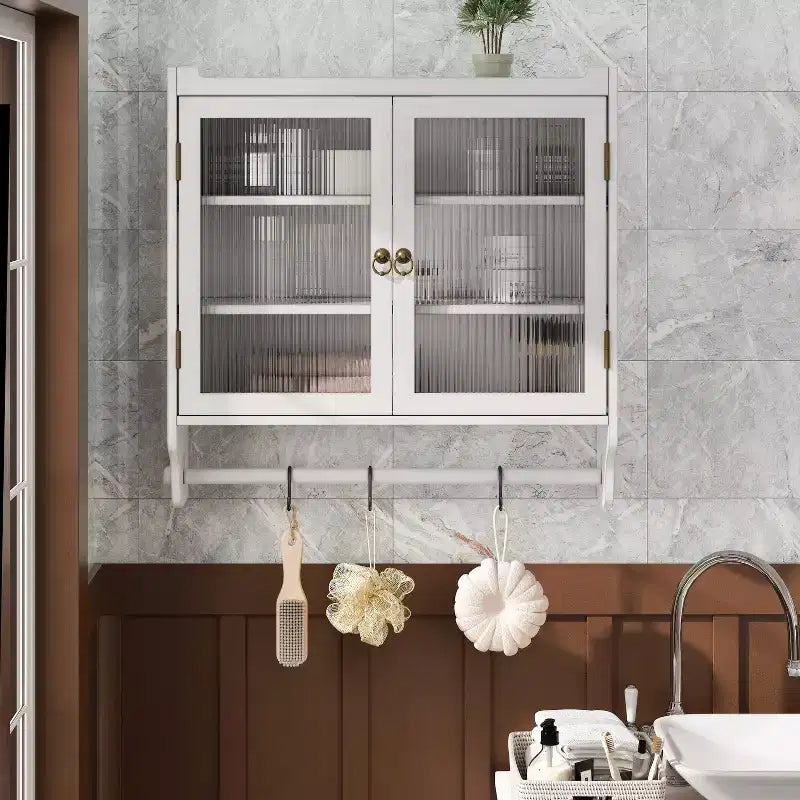Mobiletto a 3 ripiani con doppia anta a muro, marrone/naturale/bianco, con vetro cannettato