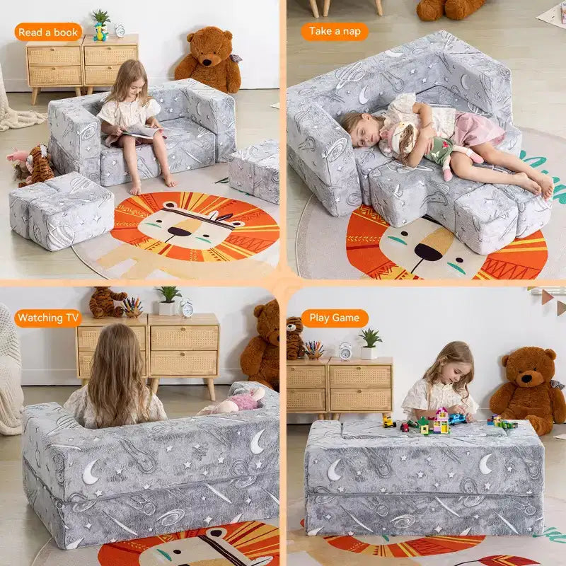 Divano modulare a 2 posti per bambini in velluto grigio, 10 pezzi